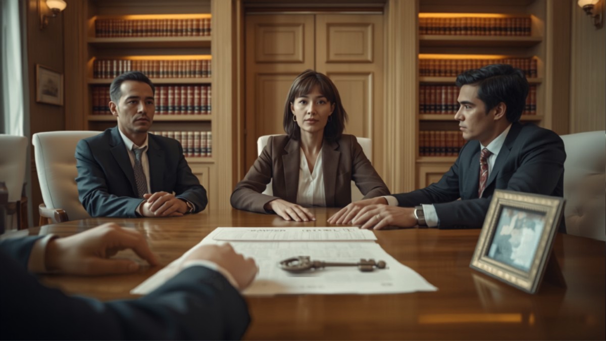 Família em reunião sobre imóvel herdado, com chave e porta-retrato sobre a mesa