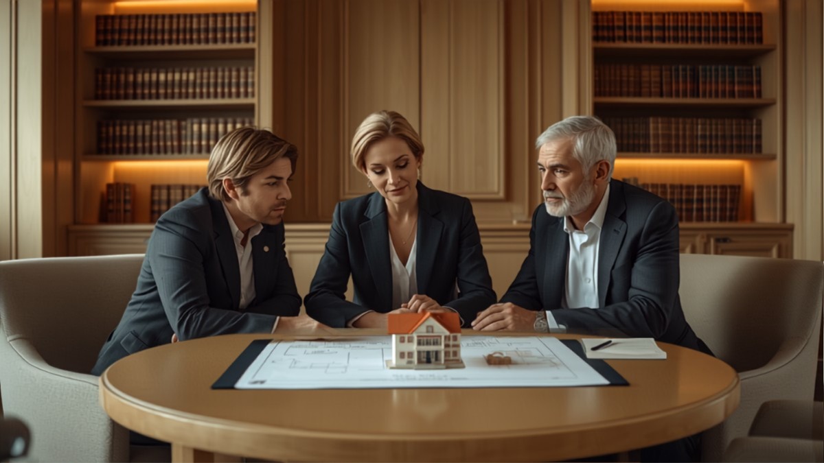 Família analisando planta de imóvel em reunião de planejamento sucessório